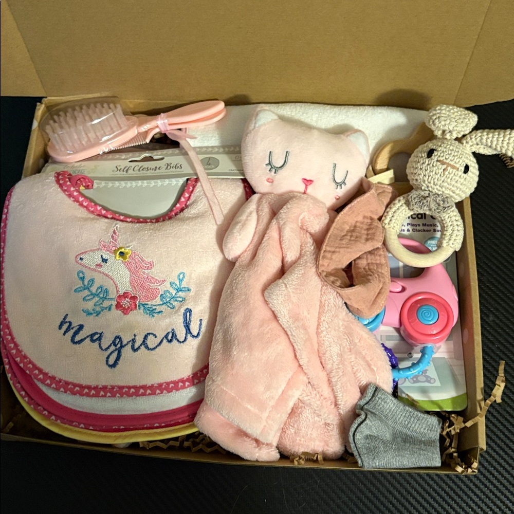 Baby Girl gift box 2 Sets for Total of 8 Bibs lovie rattle pacifier clip toy